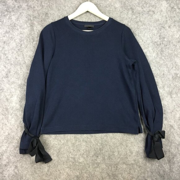 J Crew Sweater S Navy Blue Solid Crewneck Tie Ribbon Cuffs Casual Sweatshirt - Picture 1 of 9